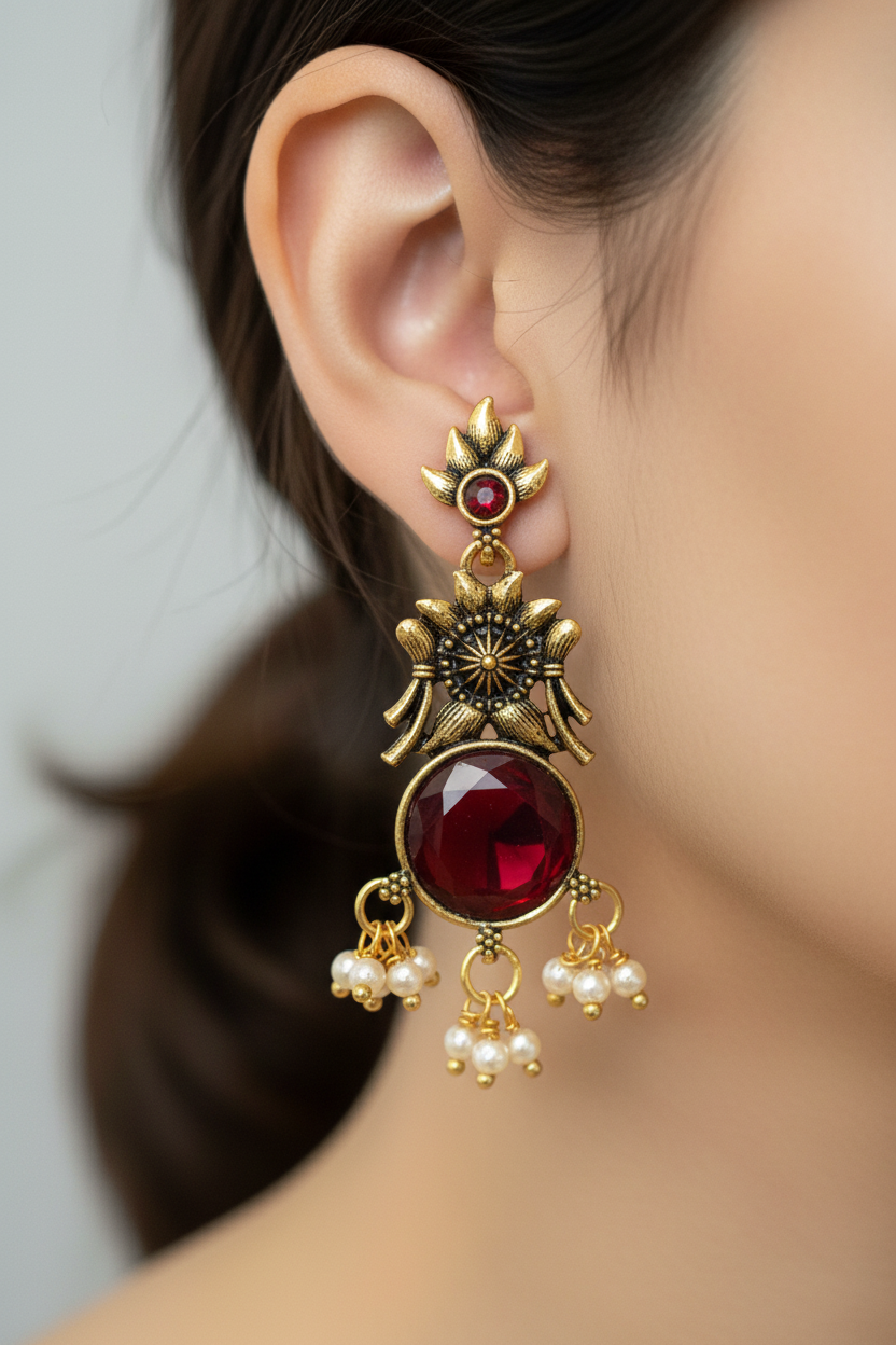 Gold-Tone Floral Chandbali Earrings with Round Stone & Pearl Drops
