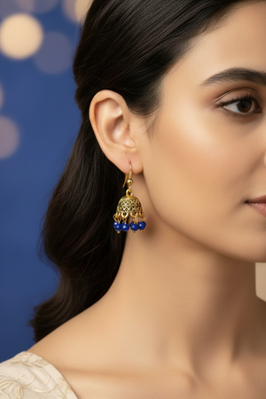Gold-Tone Traditional Jhumka Earrings with Beaded Drops