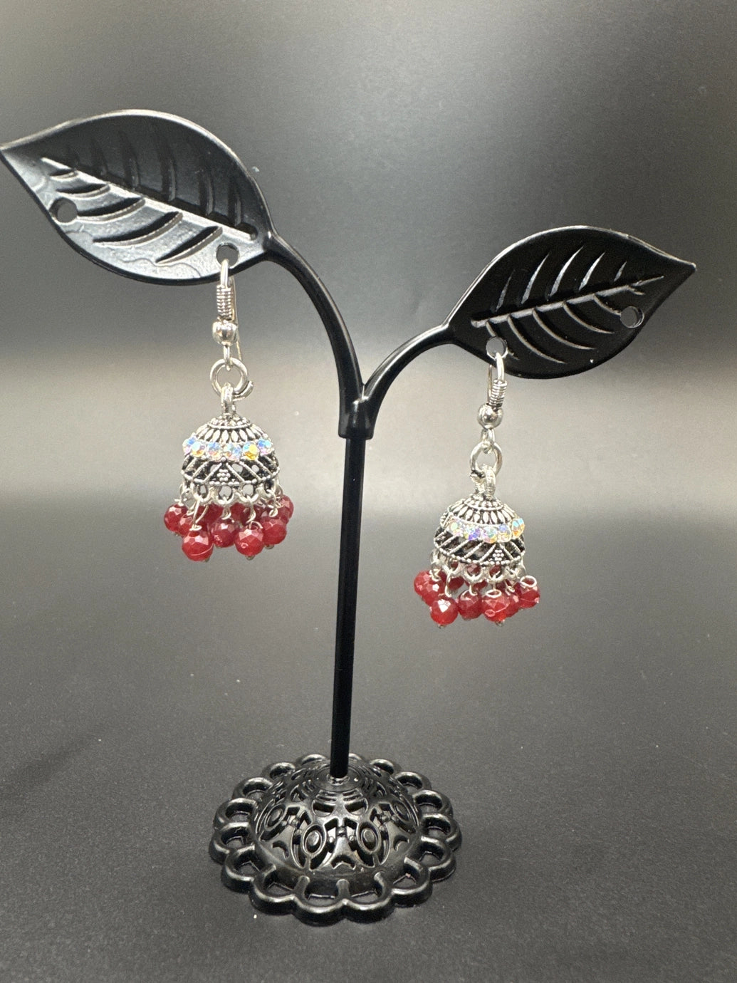 Oxidized Silver Jhumka Earrings with Beaded Drops