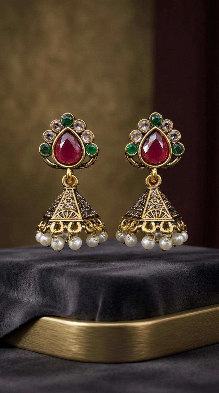 Jeweled Dome Jhumka Earrings with Pearl Bead Danglers, Intricate Cutwork (Black/Green/Maroon) - Maroon