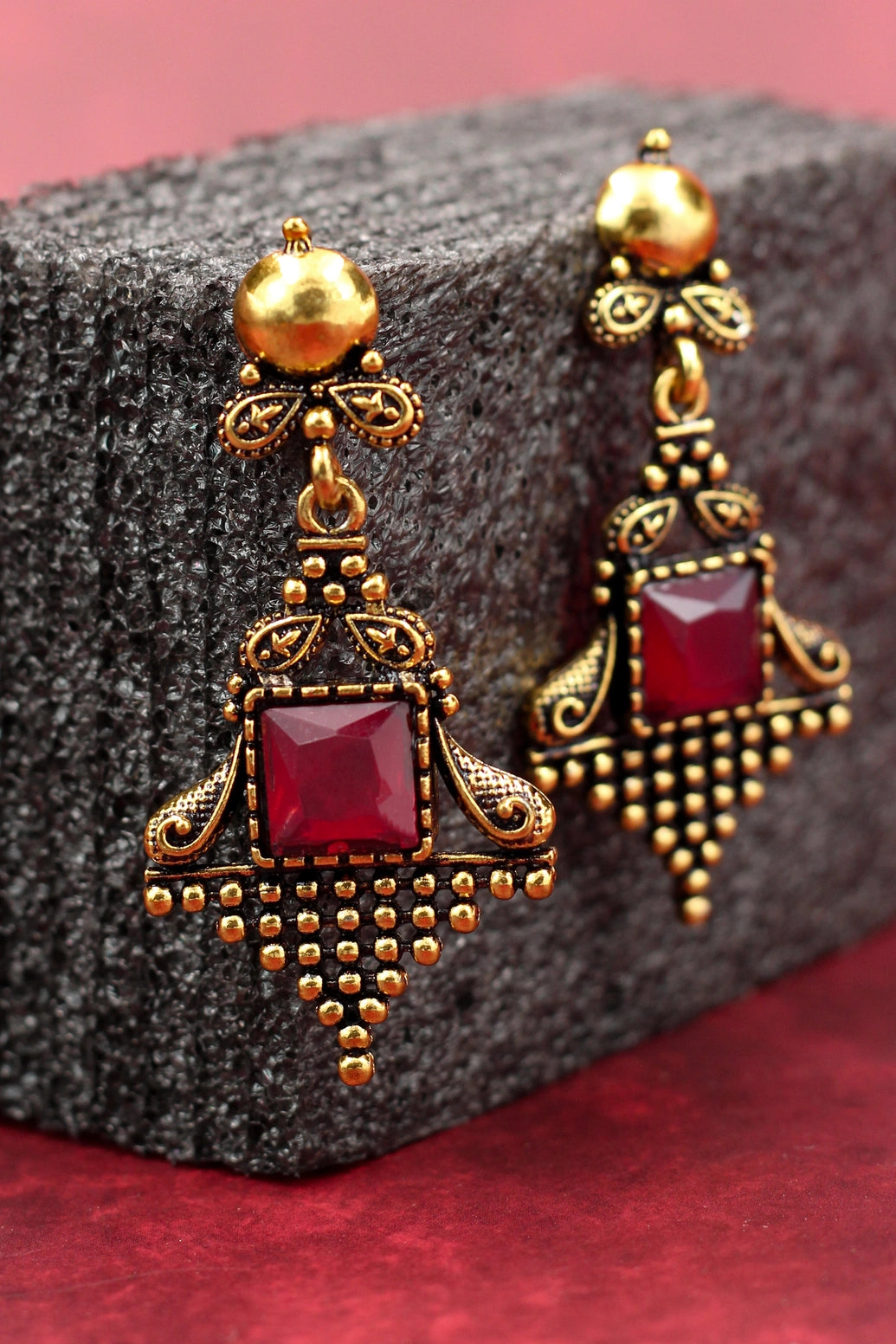 Maroon Stone Antique Gold-Tone Dangling Earrings - Ornate Square Centre, Traditional Jhumki Style, 2.4 inch Jewelry JCS Fashions