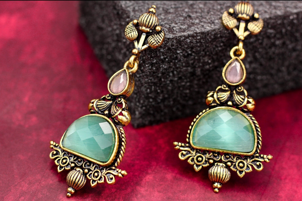 Mint Green Faceted Stone Dangler Earrings - Antique Gold-Tone 2.6 inch Jewelry JCS Fashions