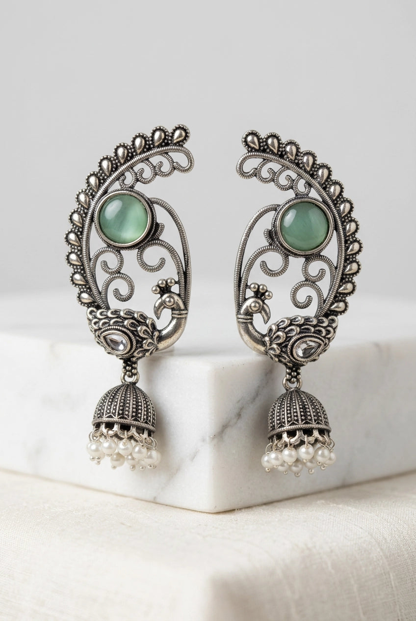 Antique Oxidized Silver Peacock Jhumka Drop Earrings with Pearl Beads (Navy Blue, Purple, Mint Green) - Mint Green