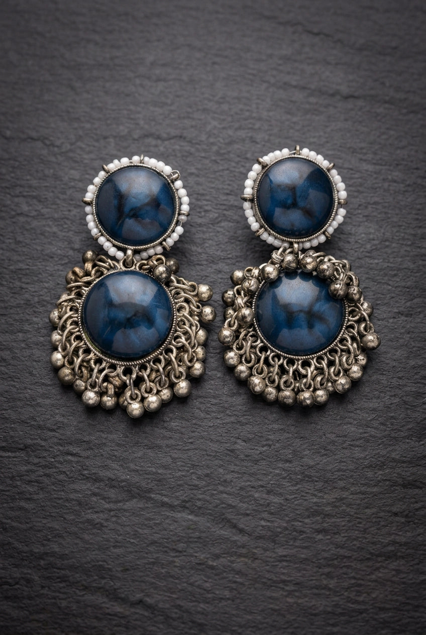 Antique Silver-Tone Drop Earrings with Round Stone Cabochons & Beaded Dangles - Navy Blue
