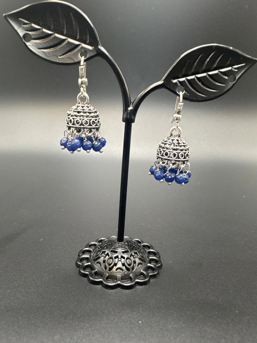 Oxidized Silver Jhumka Earrings with Beads - 1.2 inch Jewelry JCS Fashions Navy Blue 1.2 inch