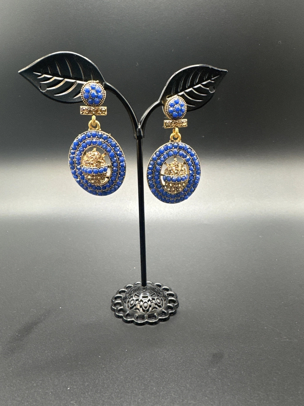 Gold-Tone Circular Stone Drop Earrings with Beads Jewelry JCS Fashions Navy Blue 2 inch