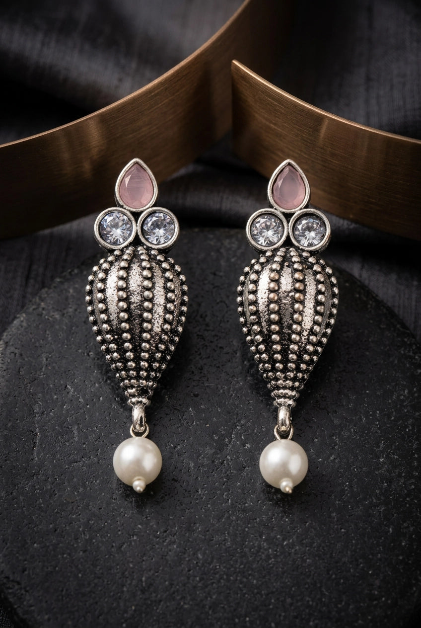 Antique Oxidized Silver Teardrop Jhumka Earrings with Pearls & Crystal Stones (1 Pair) - Onion pink