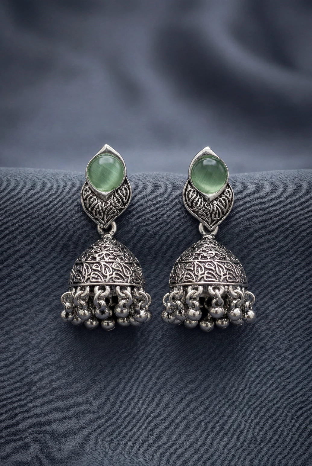 Oxidized Silver-Tone Jhumka Earrings with Round Stone & Leaf Connector, Gungroo Tassels - Pastel Green