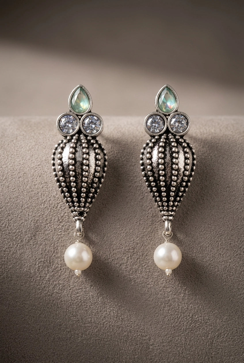 Antique Oxidized Silver Teardrop Jhumka Earrings with Pearls & Crystal Stones (1 Pair) - Green, Pastel green