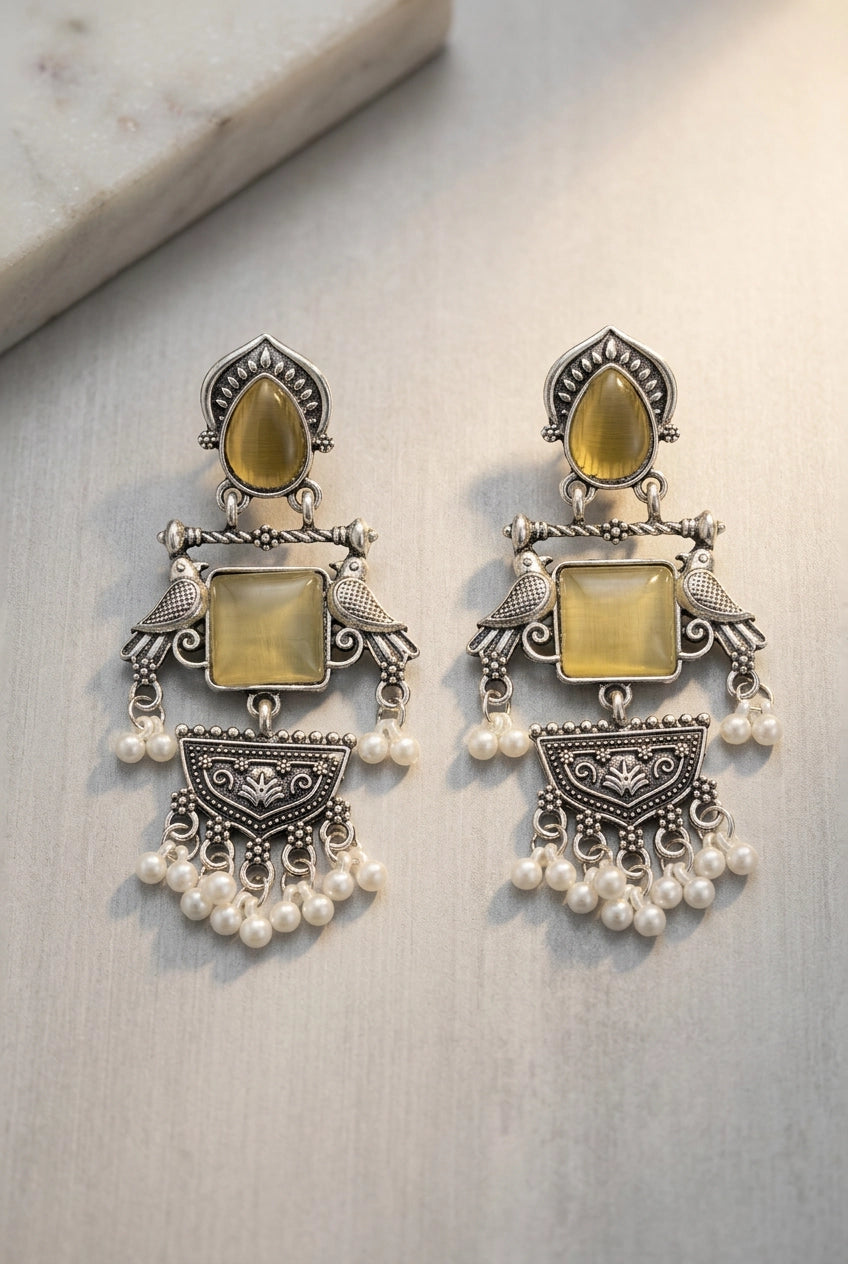 Oxidized Silver Teardrop & Square Stone Statement Earrings with Bird Motifs and Pearl Drops - Peach