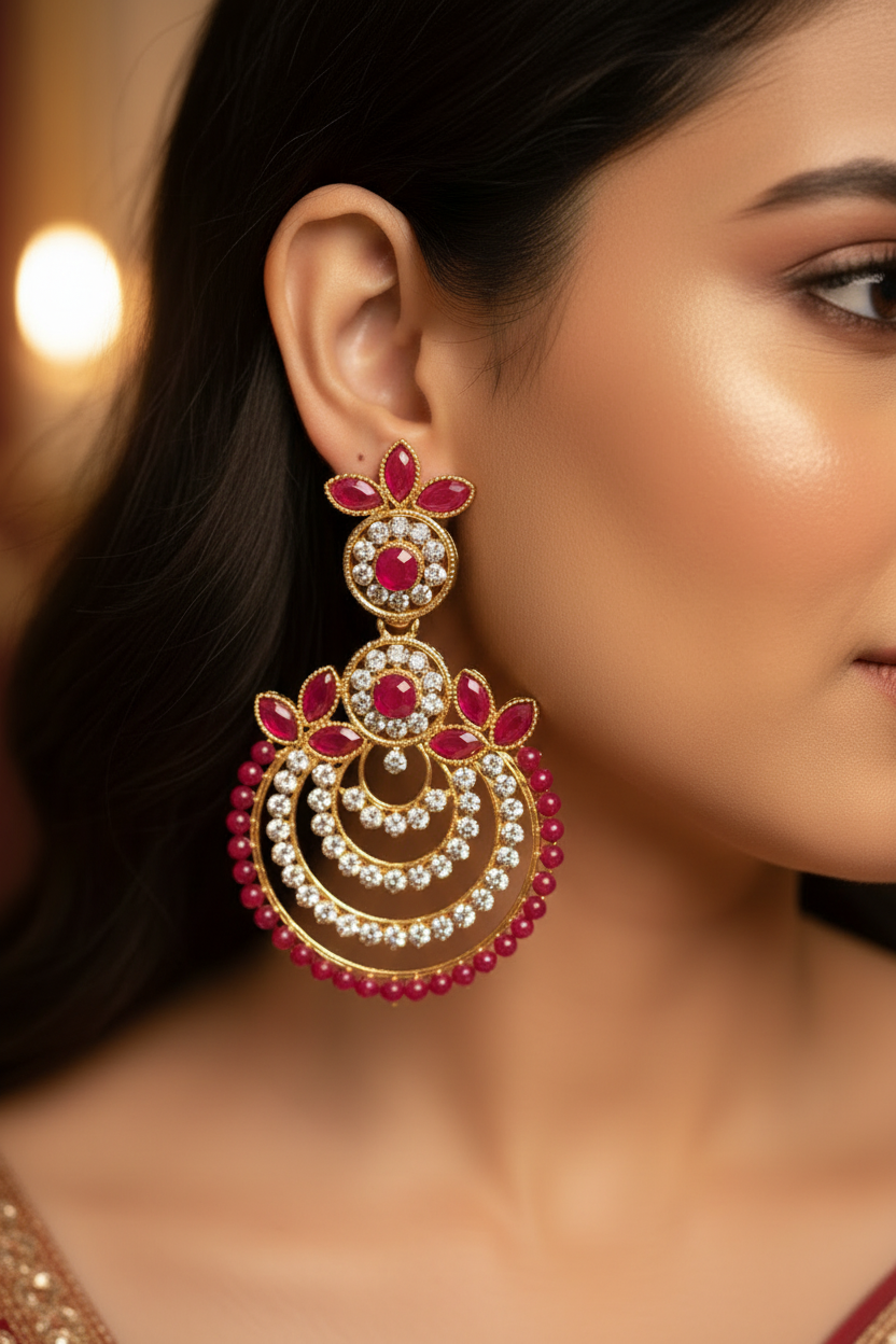 Traditional Gold-Tone Teardrop Earrings with Bead Work - 2.5 inch