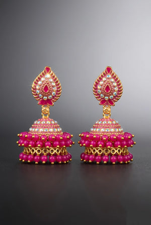Traditional Jhumka Earrings with Dome Design, White Stone Work and Beaded Dangler, Pink & Black Options