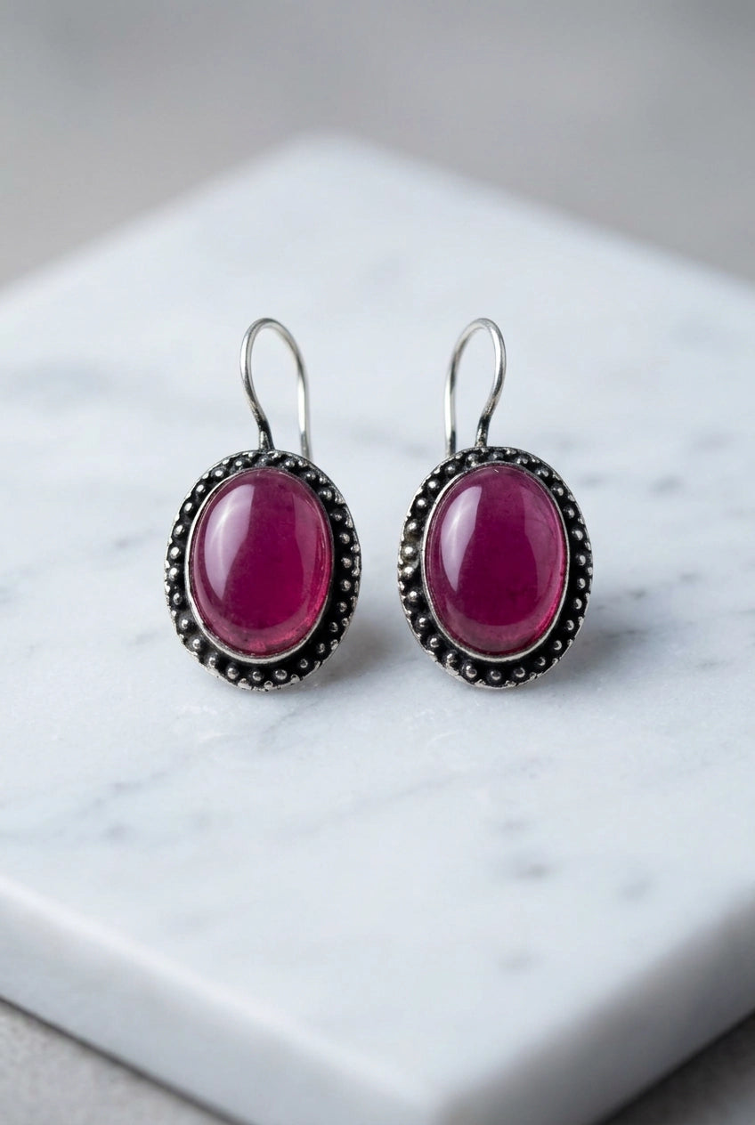 Oxidized Silver-Tone Oval Stone Drop Earrings, Dotted Antique Border, Pastel Green/Pink - Pink