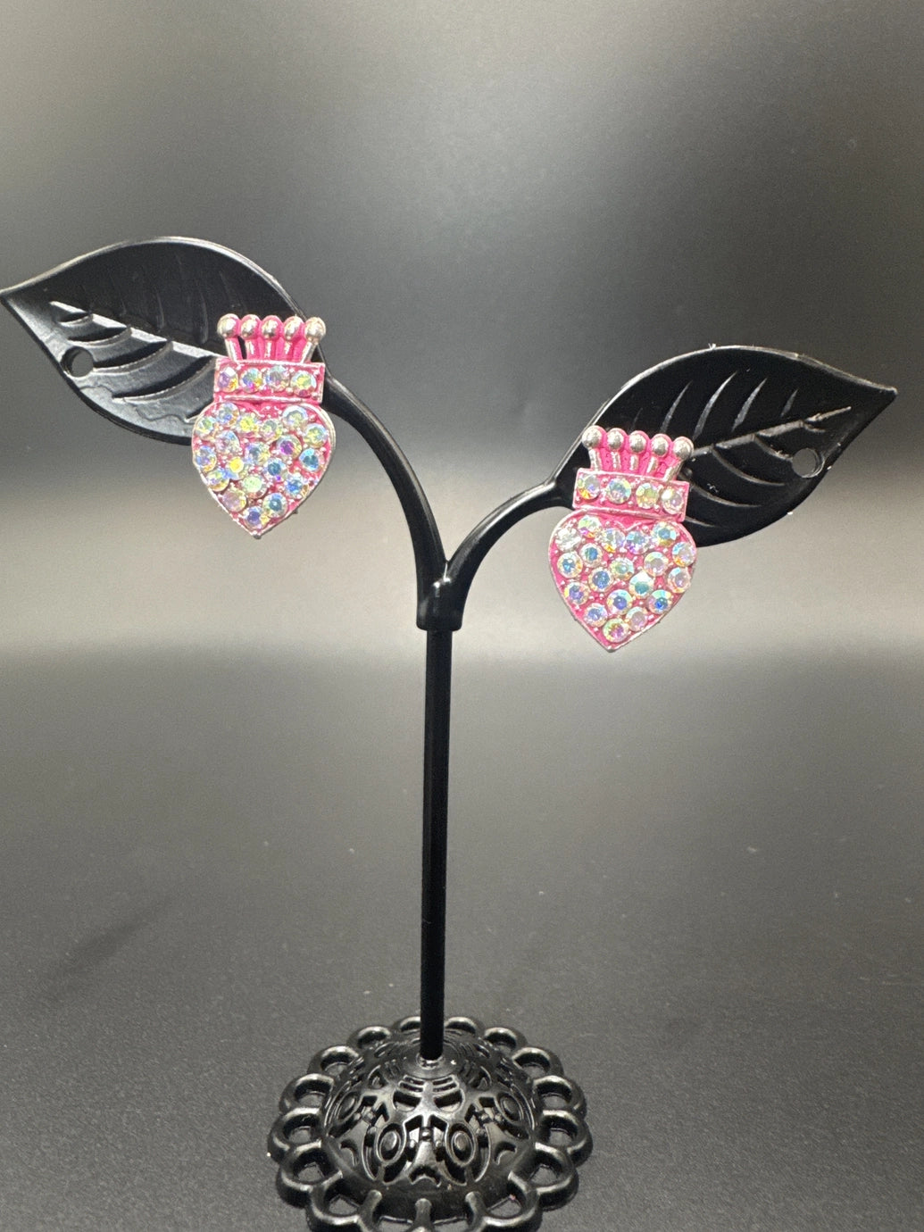 Crown Heart Rhinestone Stud Earrings – Pink, Blue & Brown, 0.75"