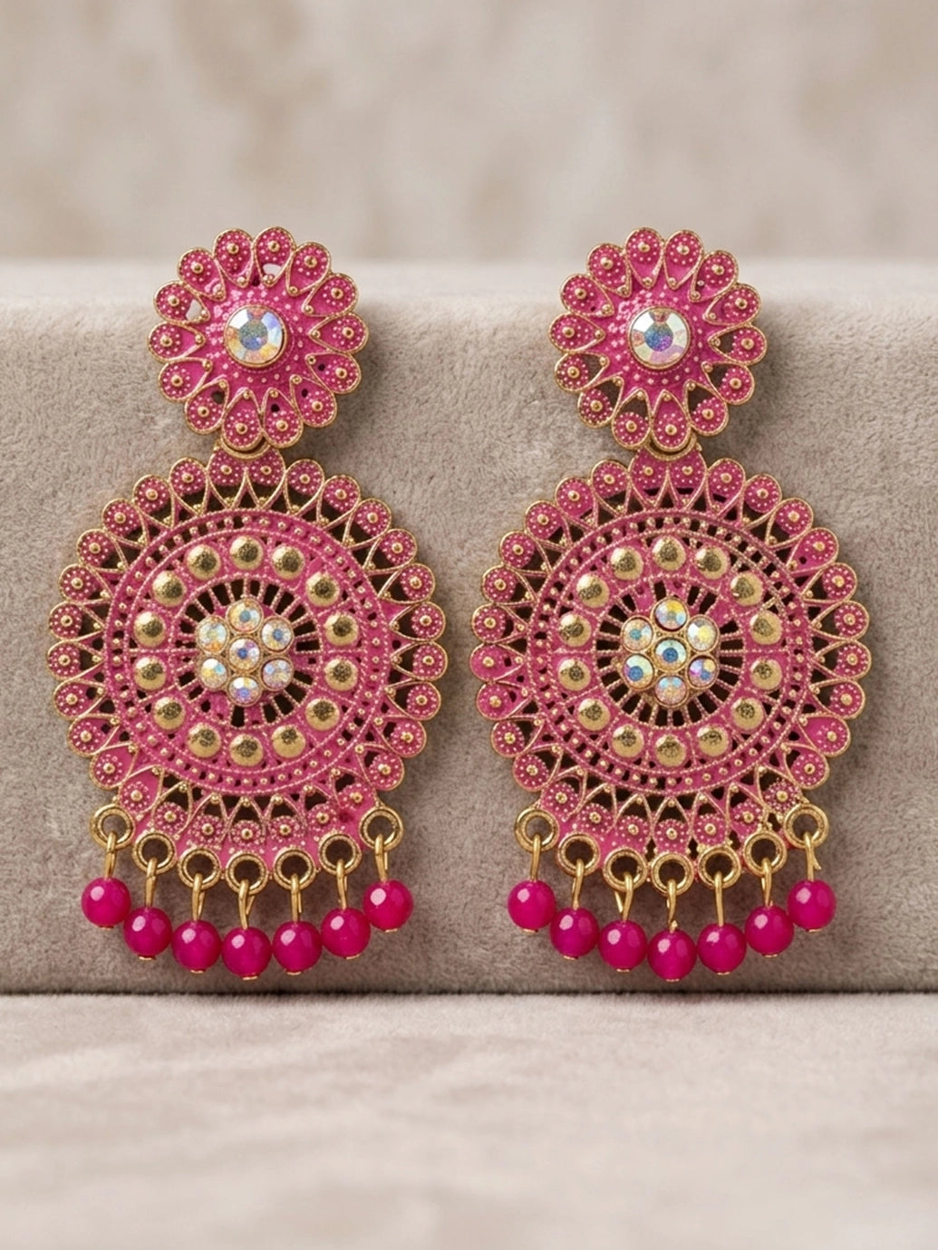 Antique Gold-Tone Ethnic Round Drop Earrings with Floral Stud & Bead Danglers (Multicolor Stone) - Pink