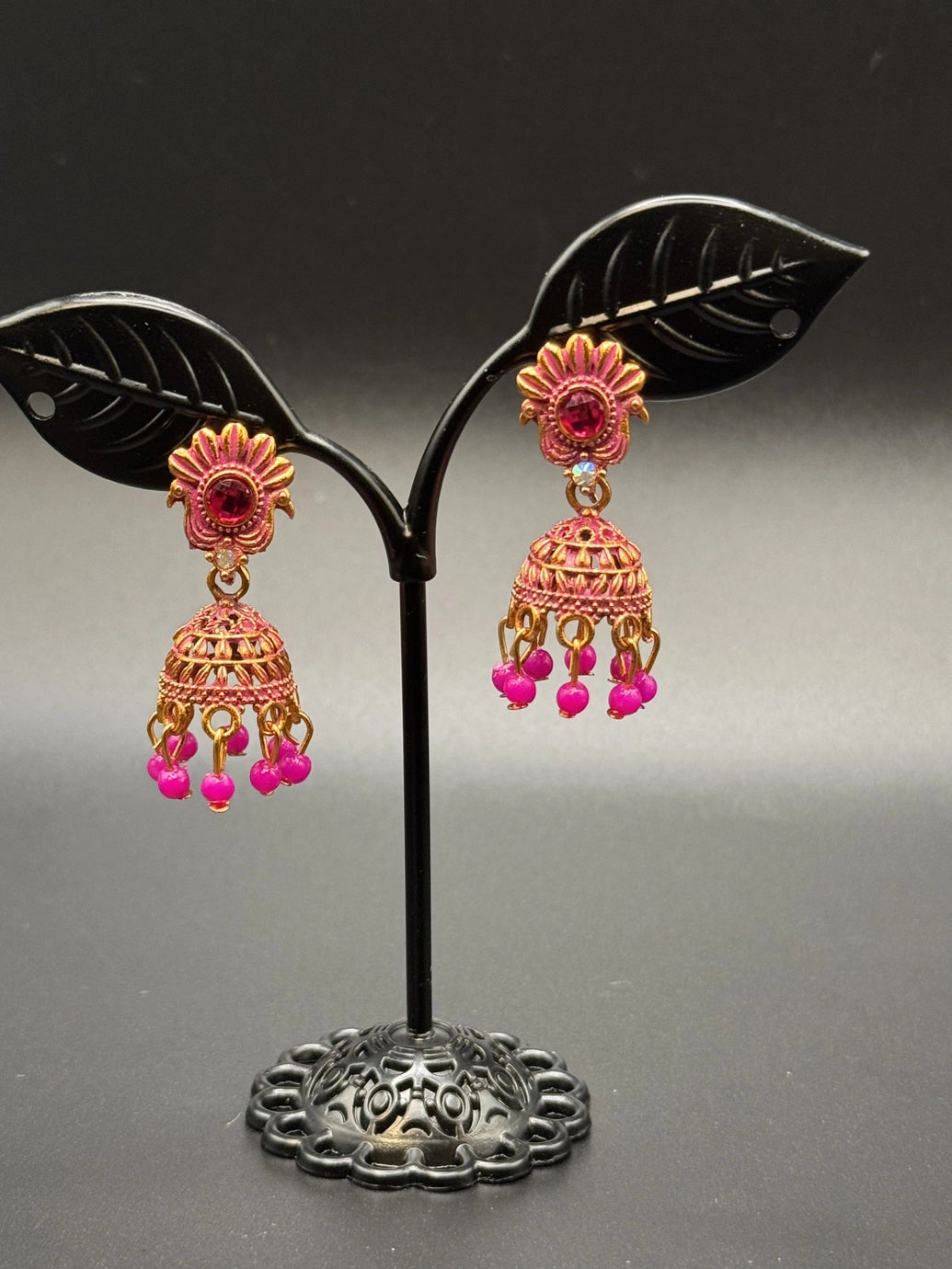 Antique Look Floral Jhumka Earrings - Gold-Tone Traditional Jhumkas in Maroon, Royal Blue, Light Blue, Pink & Green - Pair Jewelry JCS Fashions Pink 1 inch