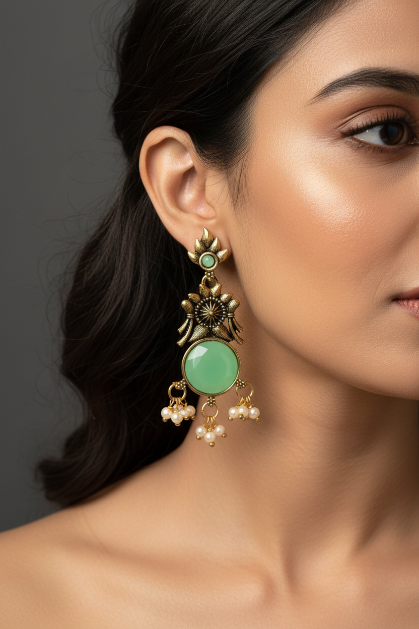 Gold-Tone Floral Chandbali Earrings with Round Stone & Pearl Drops