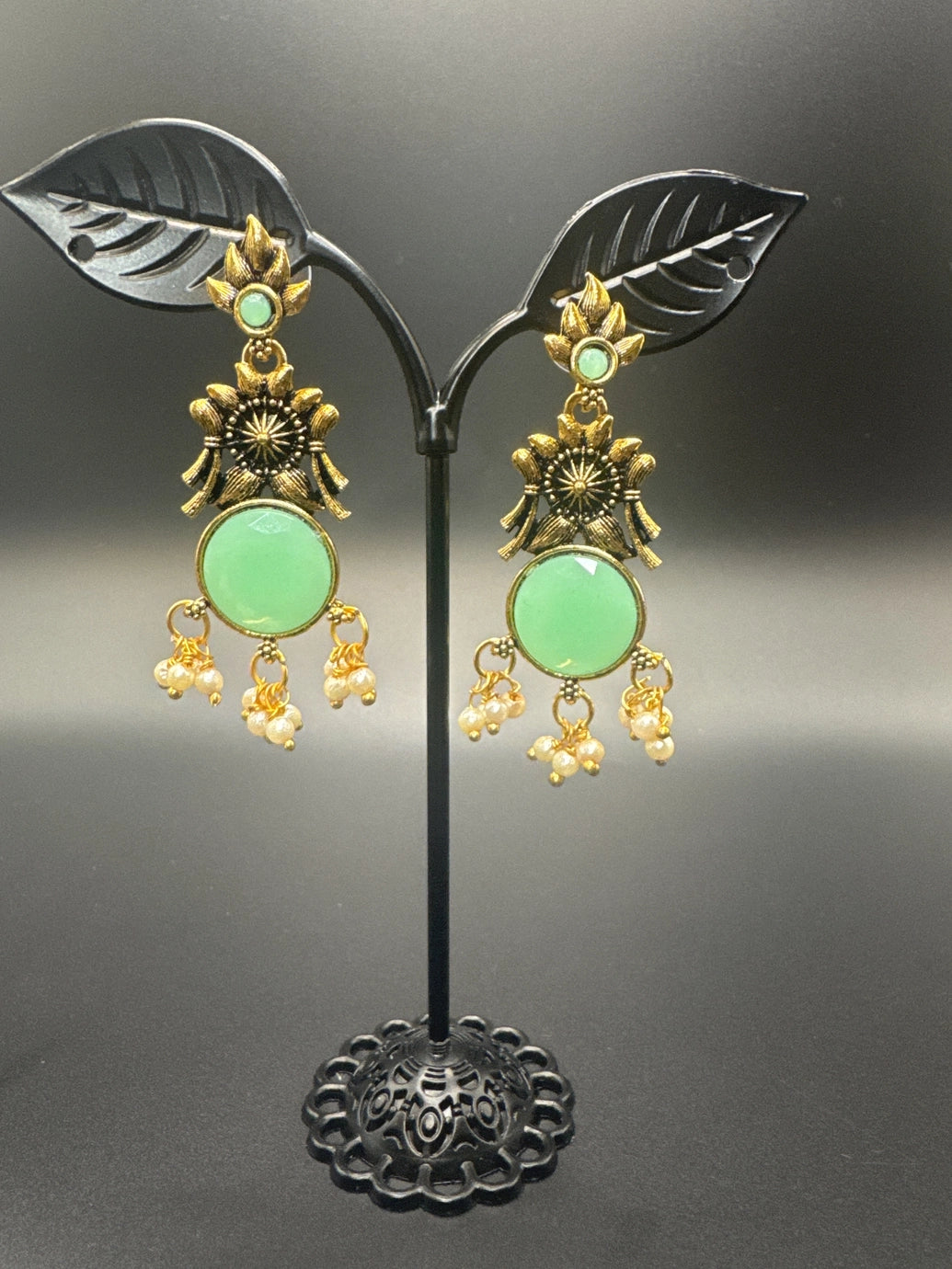 Gold-Tone Floral Chandbali Earrings with Round Stone & Pearl Drops