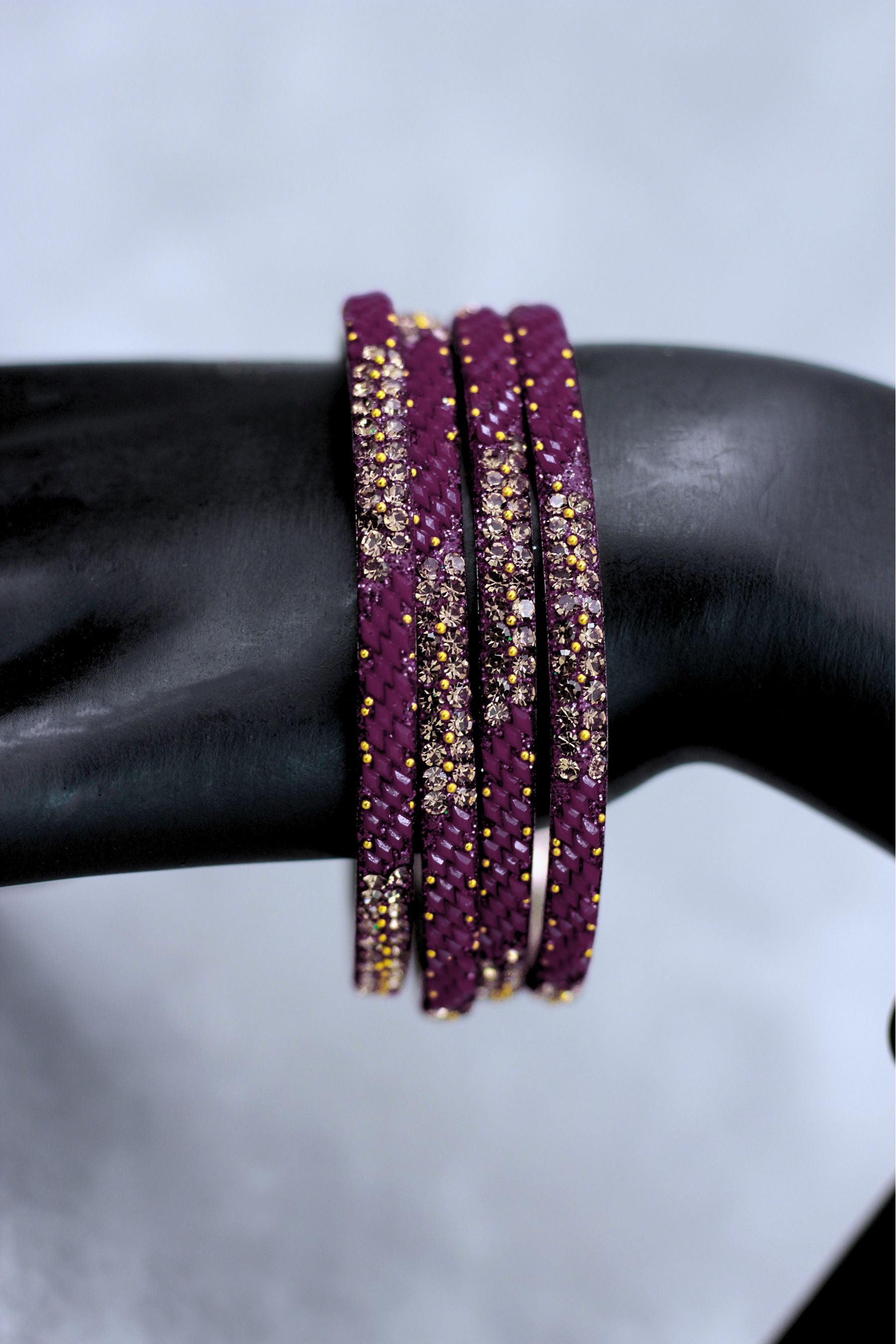 Multicolour Crystal Beaded Bangles Set with Gold-Tone Sparkle for Festive Wear and Weddings (Red/Light Blue/Purple) - Light Blue