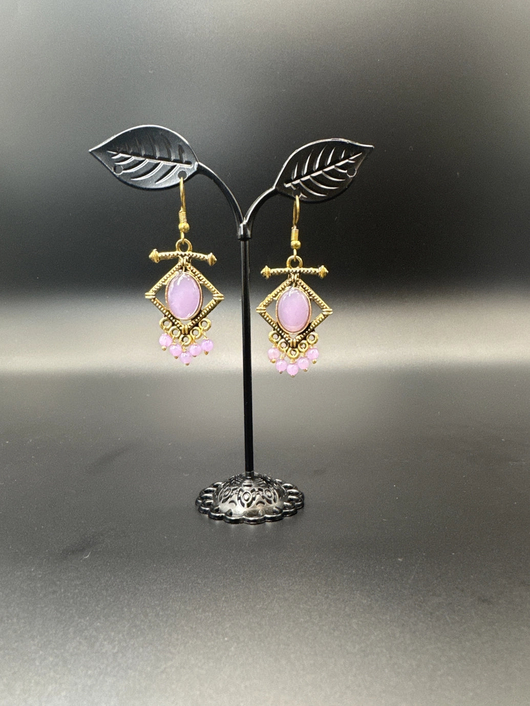 Antique gold-tone drop earrings with stone cabochon & bead dangles