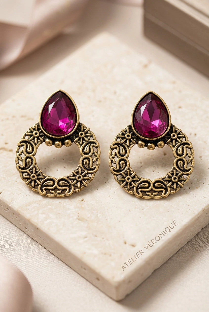 Antique Gold-Tone Teardrop Statement Earrings with Teardrop Stone and Floral Hoop Design - Purple