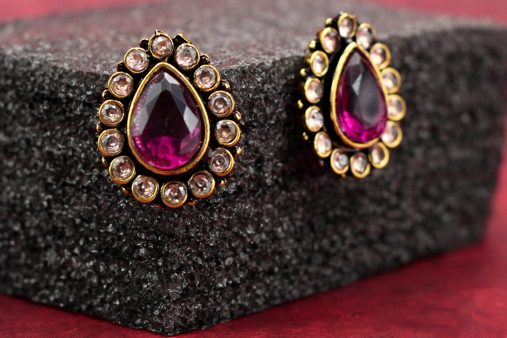Purple Teardrop Stud Earrings – Kundan-Style Gold-Tone Halo with Faceted Purple Stone, 1 inch Fashion Jewellery Jewelry JCS Fashions