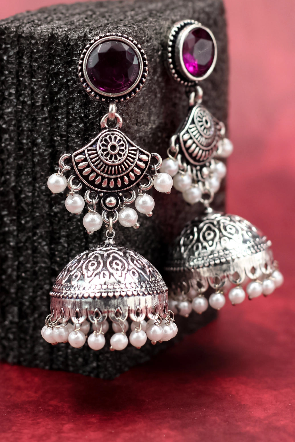Oxidised Silver-Style Purple Stone Jhumka Earrings with Pearls - 2.8 inch Ethnic Stud Jewelry JCS Fashions