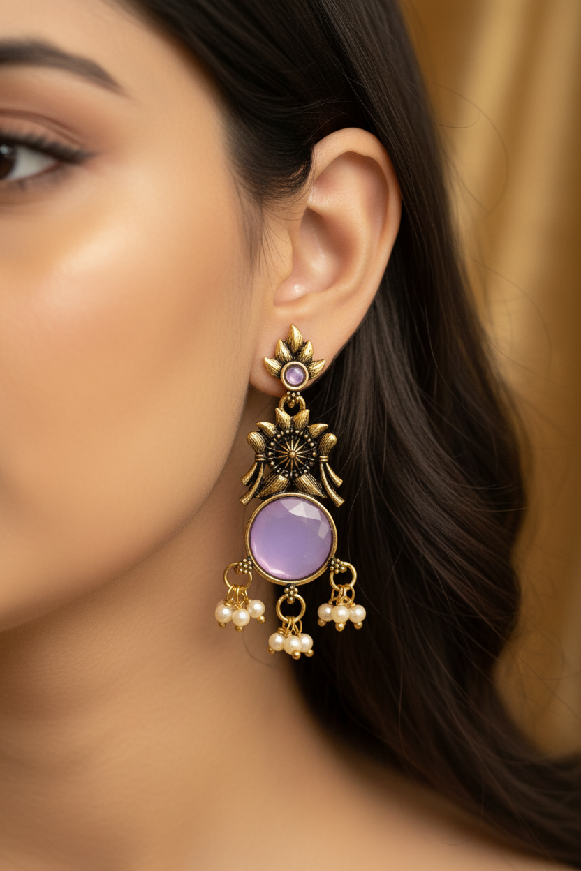 Gold-Tone Floral Chandbali Earrings with Round Stone & Pearl Drops