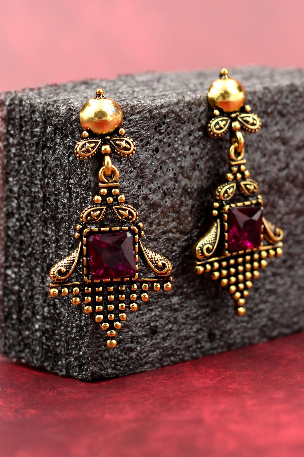 Antique-Gold Dangling Earrings with Square Purple Stone — Ornate Traditional Frame (2.4 inch) Jewelry JCS Fashions