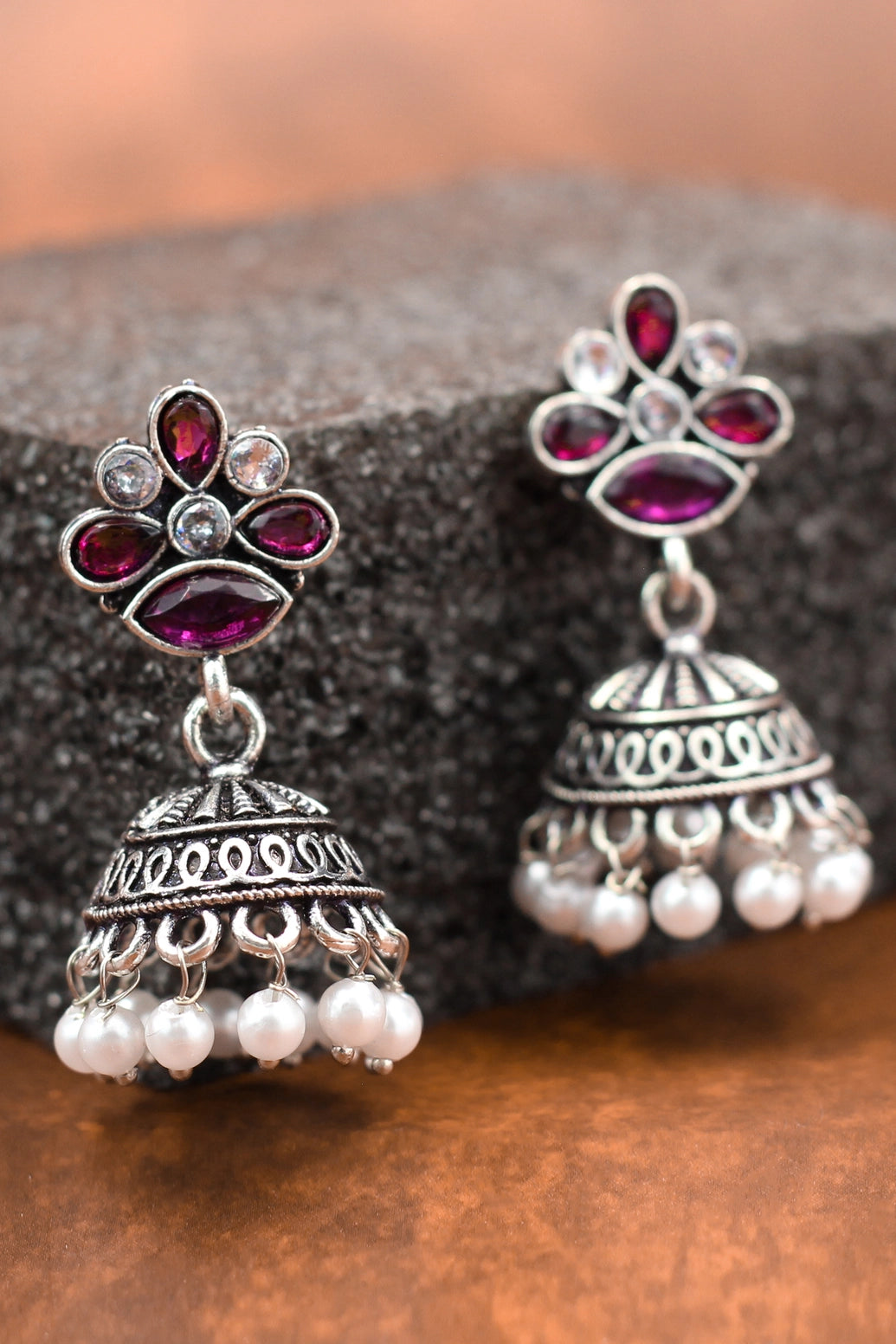 Purple Stone Floral Jhumka Earrings - Oxidised Silver-Tone Fashion Jewellery, 1.5 inch, For Indian Ethnic Wear Jewelry JCS Fashions