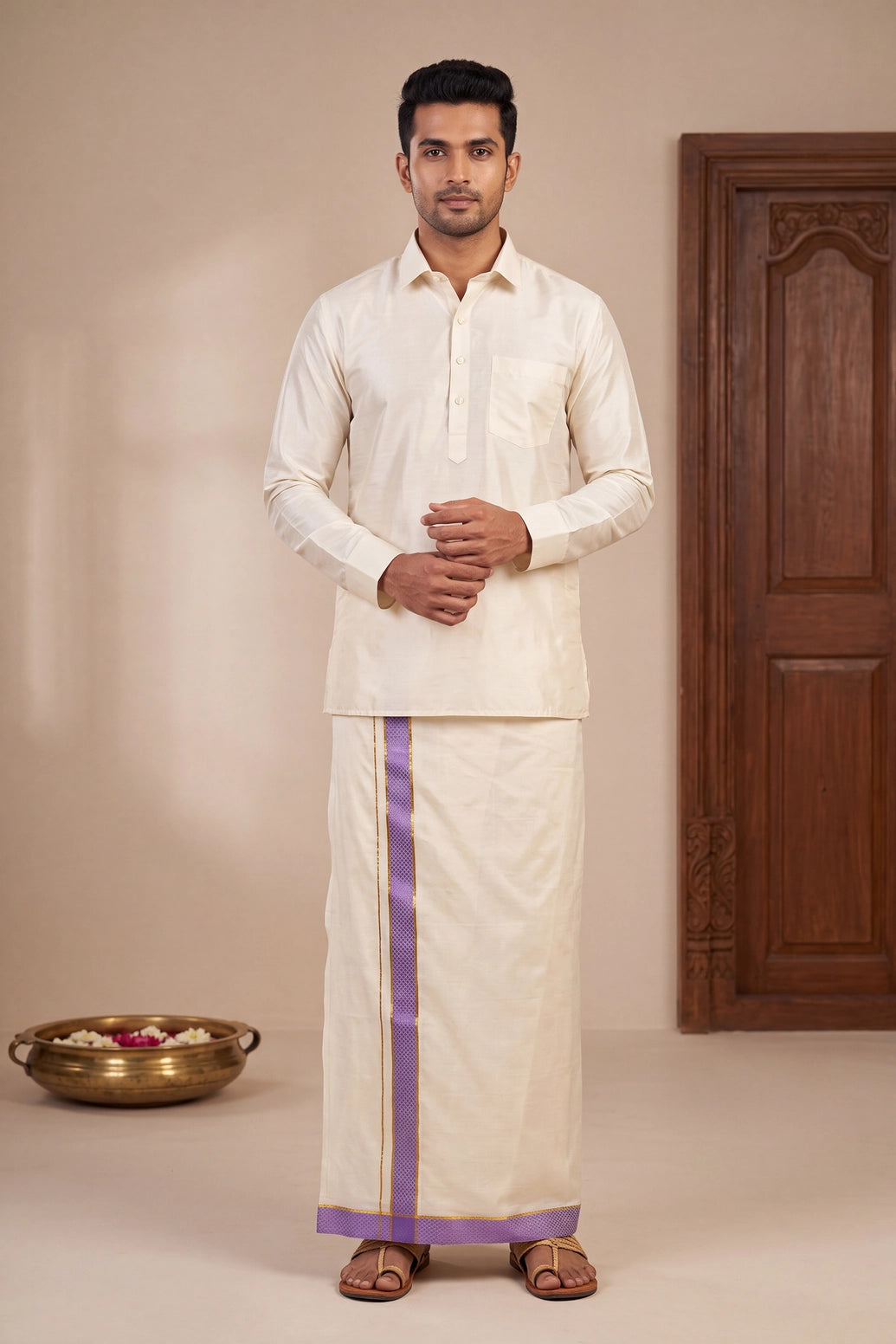Men Off-White Cotton Dhoti with Woven Check Border and Zari Lines (2 Metre Single Veshti) - Purple
