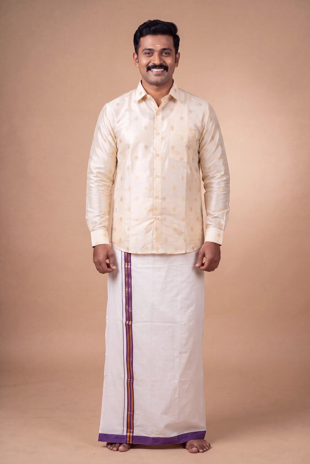 Men’s Off-White Cotton Dhoti with 1-inch Coloured Thread Border (2 Metre Single) - Traditional Wear - Purple & Gold