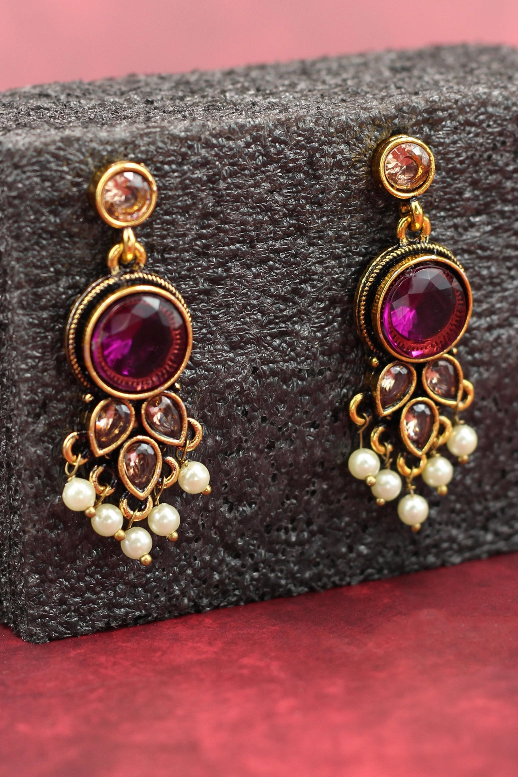 Purple Stone Pearl Drop Earrings - Gold-Tone Antique Finish Ethnic Fashion Jewellery Jewelry JCS Fashions