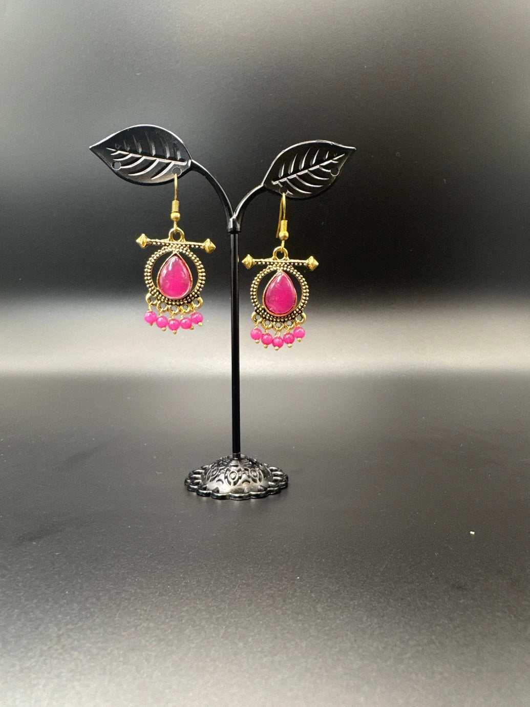 Antique gold-tone drop earrings with stone cabochon & bead dangles