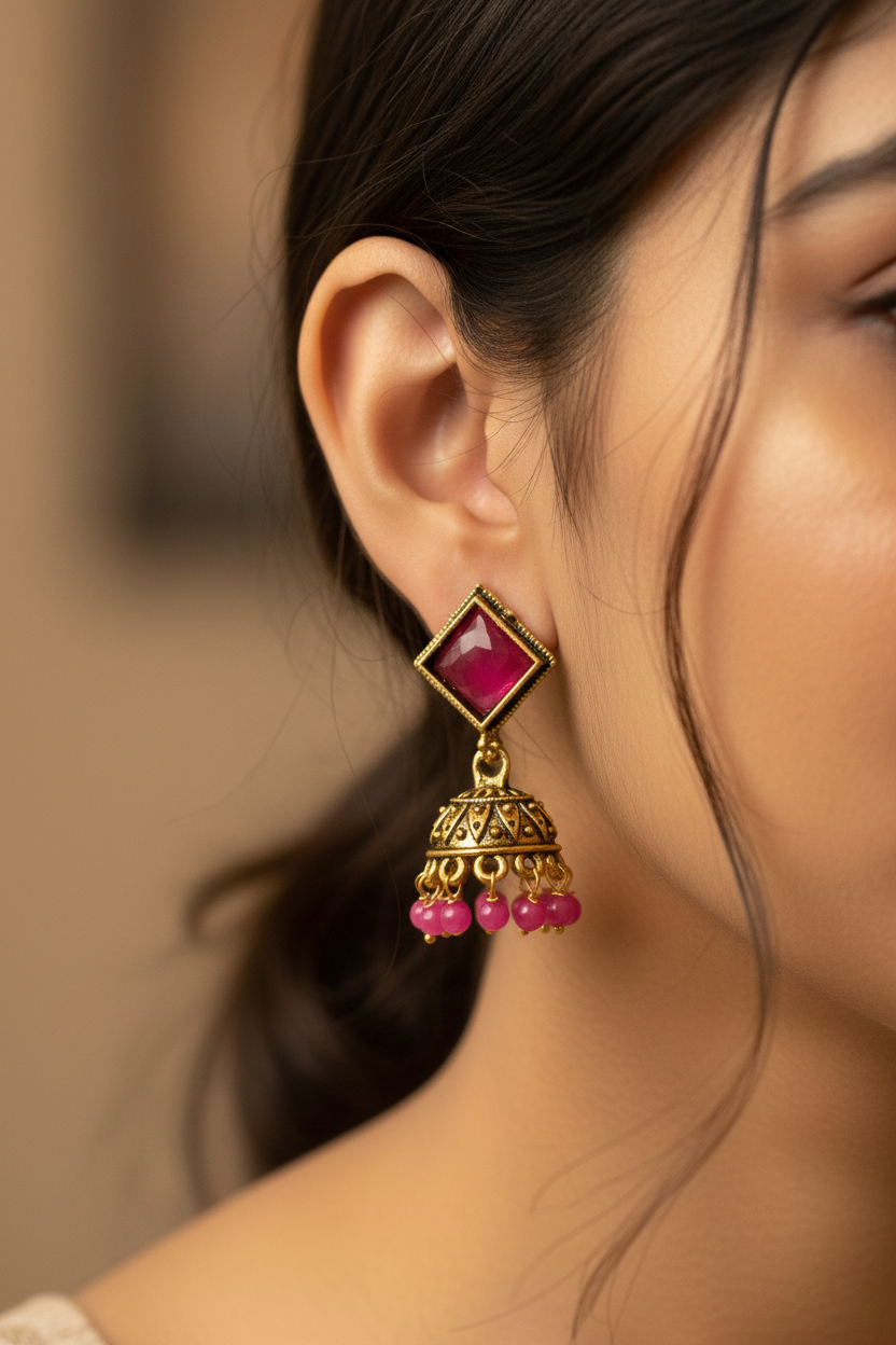 Oxidized Gold-Look Jhumka Earrings with Square Stone & Beads