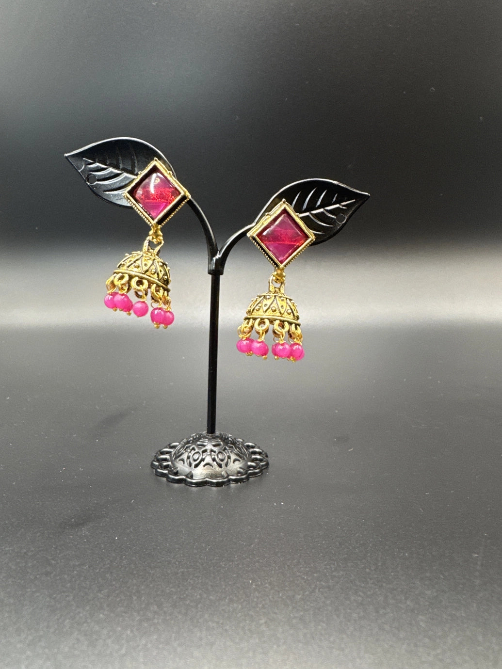 Oxidized Gold-Look Jhumka Earrings with Square Stone & Beads Jewelry JCS Fashions Rani Pink 1.50 inch