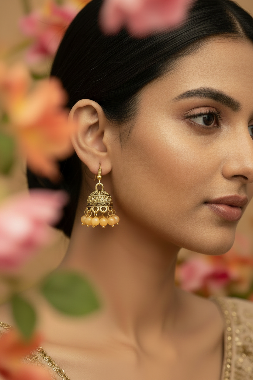 Gold-Tone Traditional Jhumka Earrings with Beaded Drops