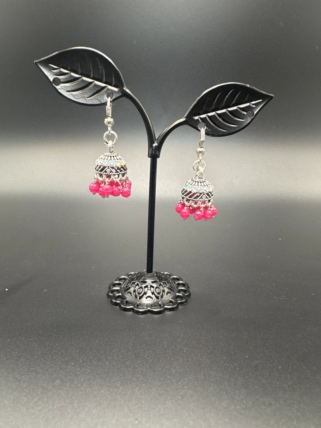 Oxidized Silver Jhumka Earrings with Beaded Drops