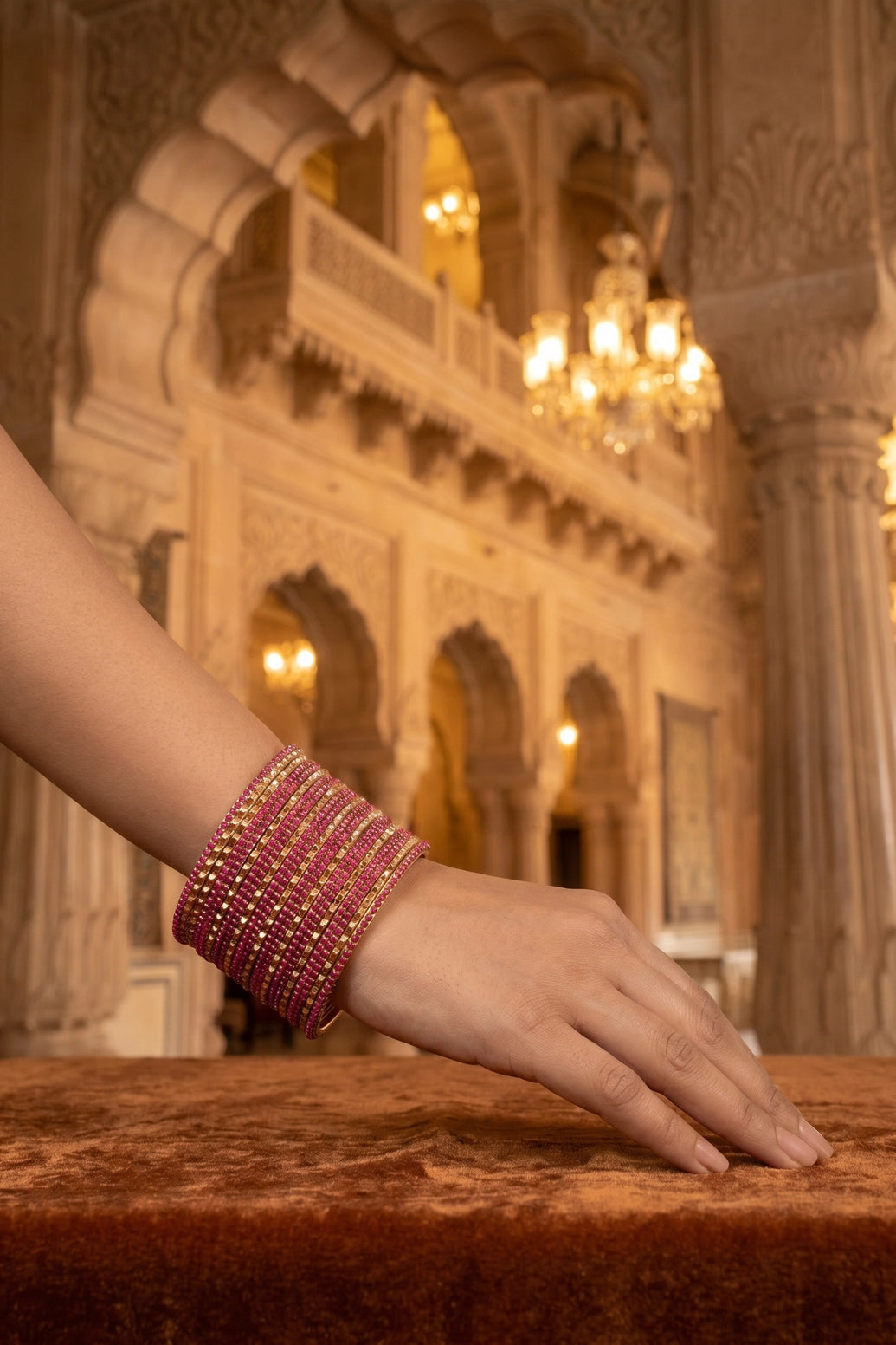 Stone-Studded Metallic Bangle Set with Sparkling Rows for Festive Wear - Neon Orange, Black, Rani Pink - Rani Pink