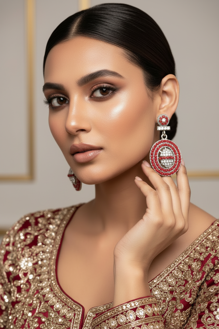 Gold-Tone Circular Stone Drop Earrings with Beads