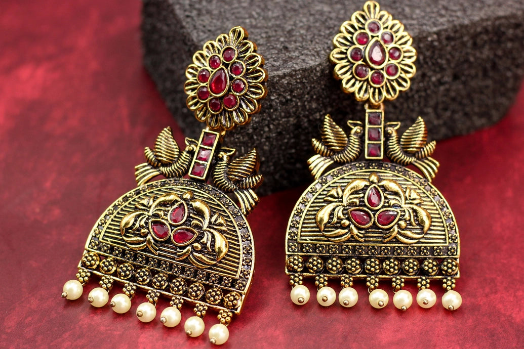 Red Stone Antique Gold Jhumka Earrings with Pearl Drops - 3 Inch Traditional Indian Fashion Jewellery Jewelry JCS Fashions