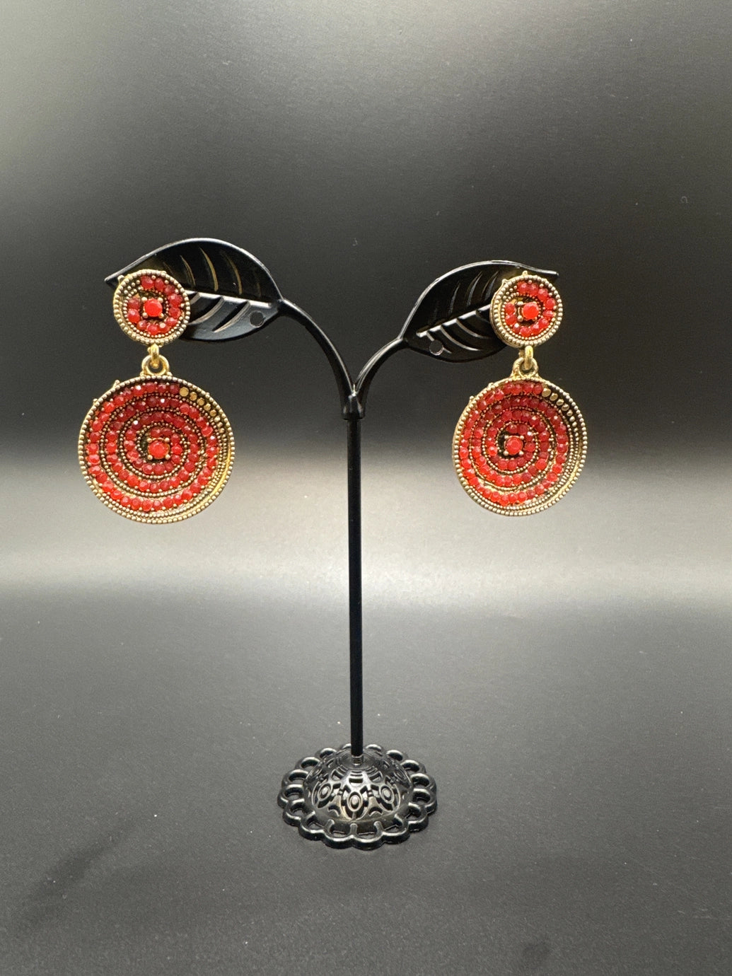 Traditional Circular Drop Earrings in Antique Gold Tone Jewelry JCS Fashions Red 1.75 inch