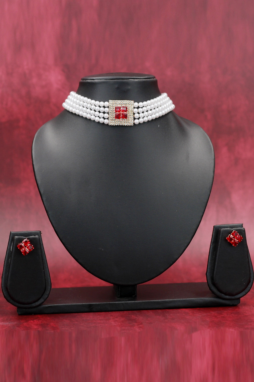 Pearl Choker Necklace Set with Stone-Embellished Pendant and Matching Stud Earrings - Red