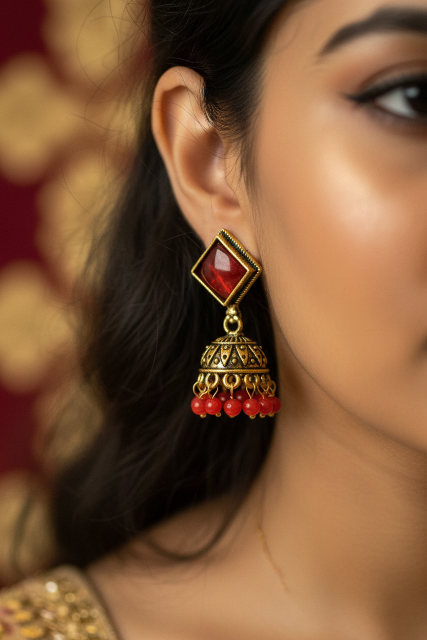 Oxidized Gold-Look Jhumka Earrings with Square Stone & Beads