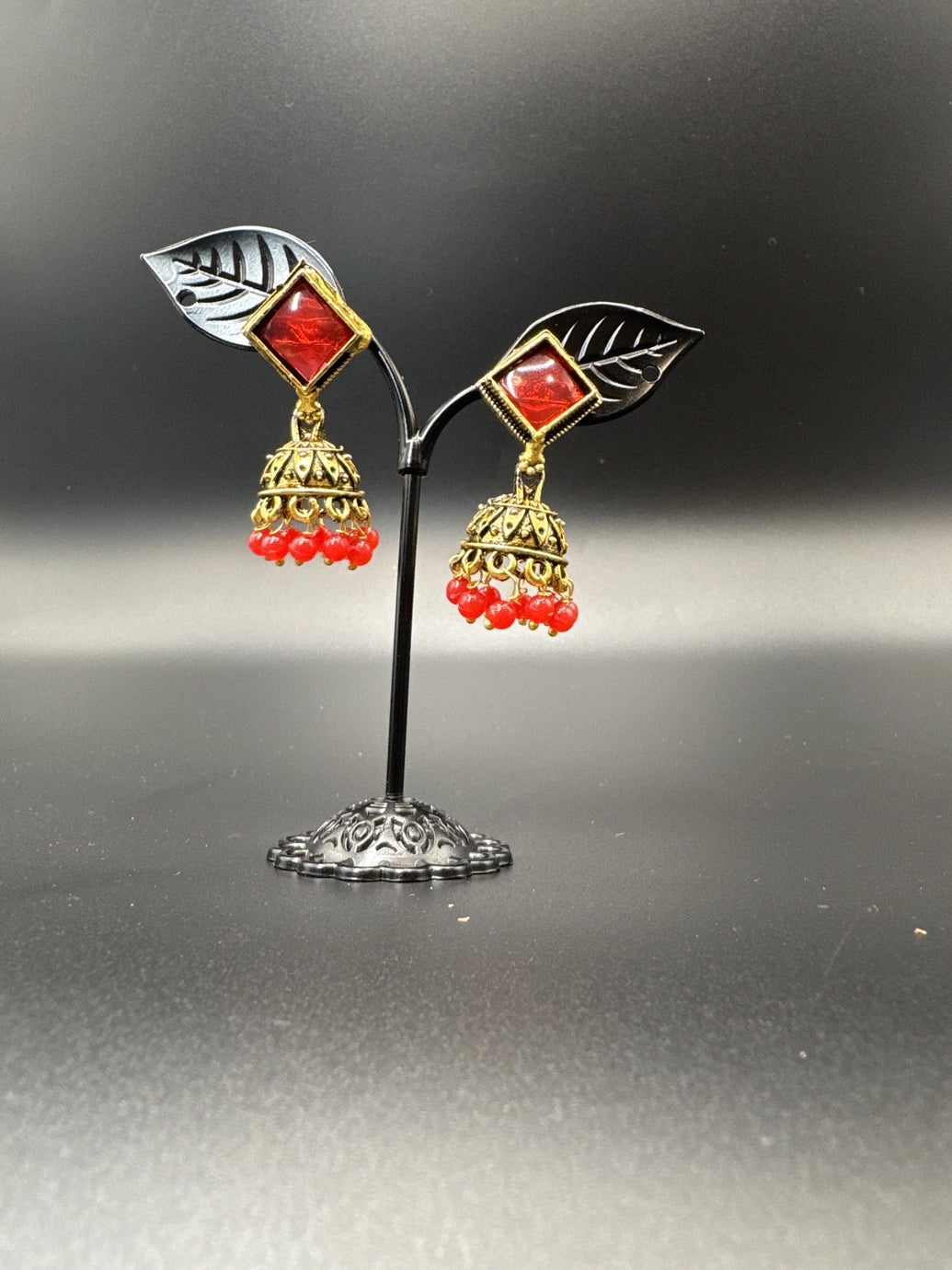 Oxidized Gold-Look Jhumka Earrings with Square Stone & Beads Jewelry JCS Fashions Red 1.50 inch