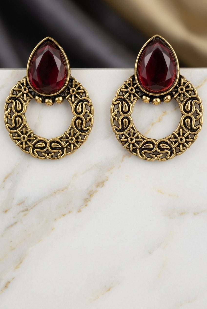 Antique Gold-Tone Teardrop Statement Earrings with Teardrop Stone and Floral Hoop Design - Red