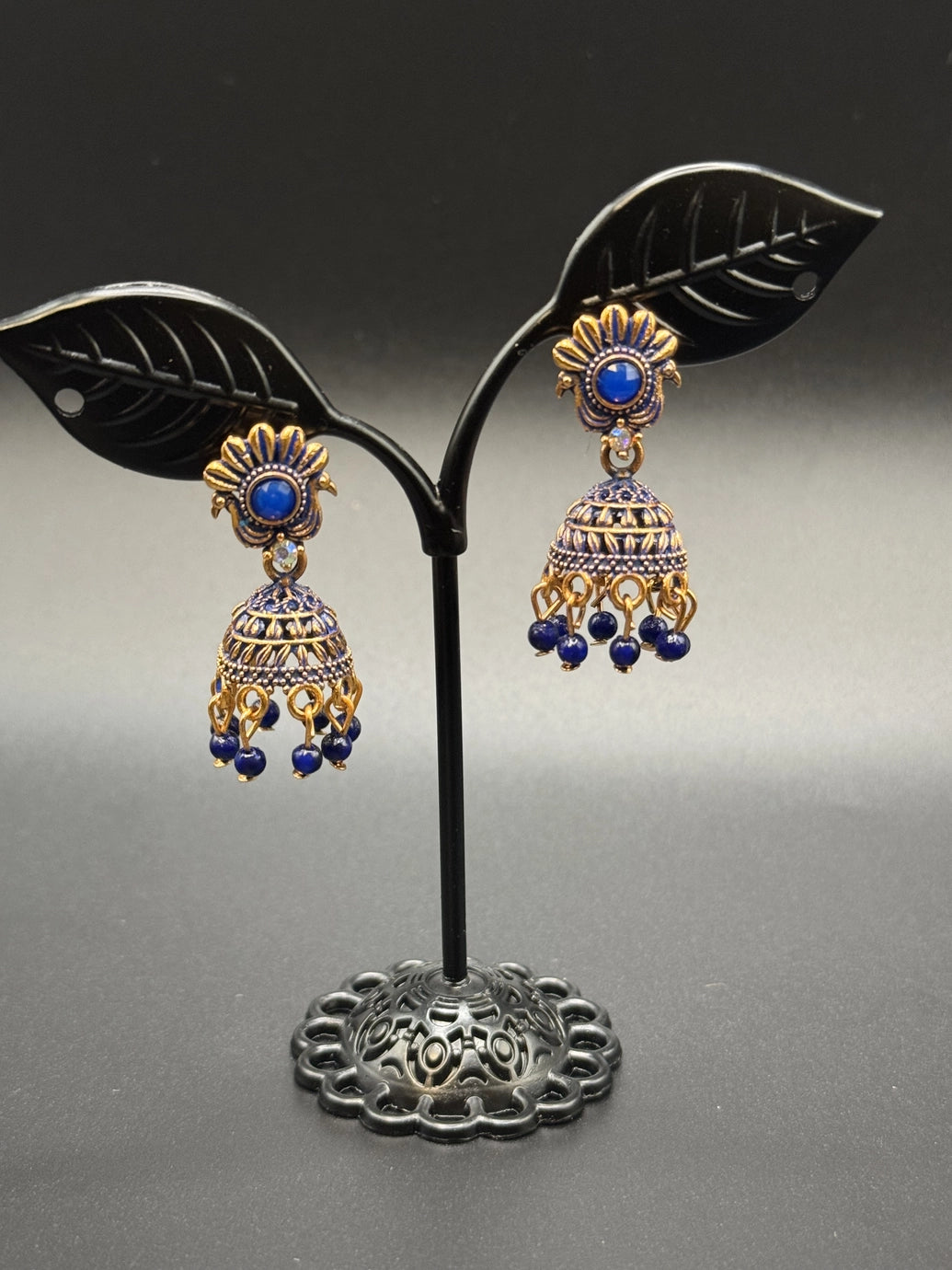 Antique Look Floral Jhumka Earrings - Gold-Tone Traditional Jhumkas in Maroon, Royal Blue, Light Blue, Pink & Green - Pair Jewelry JCS Fashions Royal Blue 1 inch