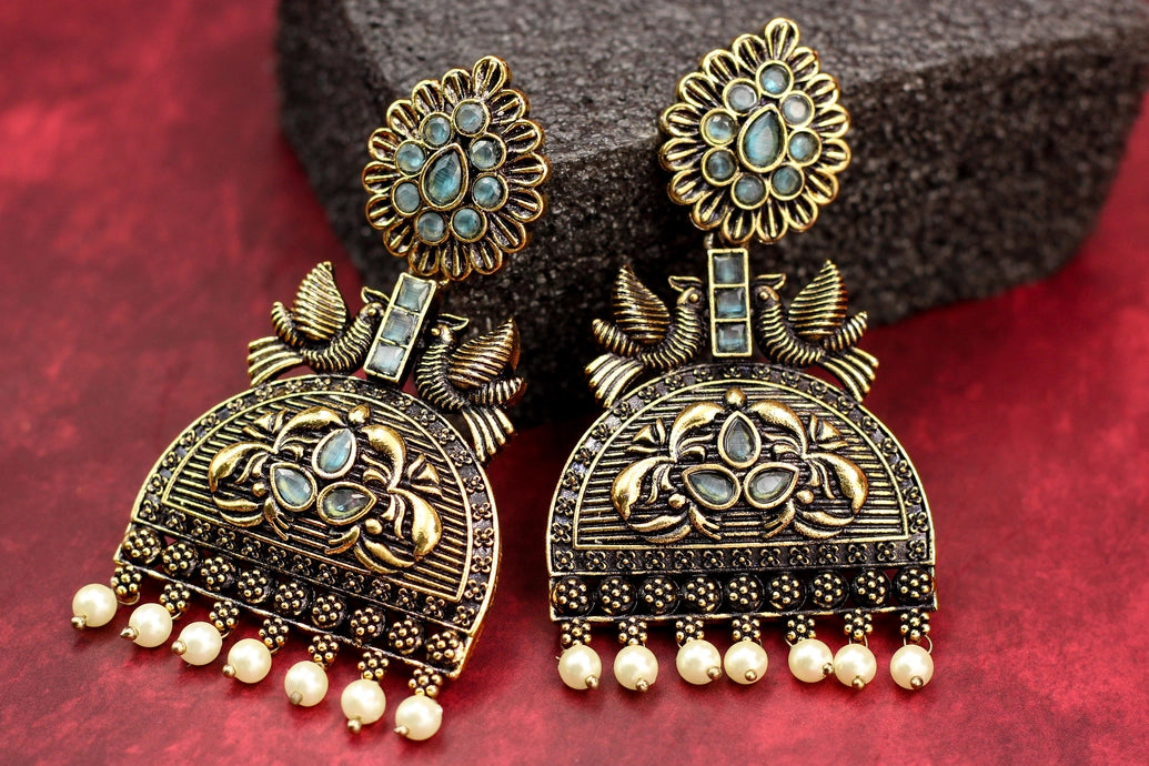 Antique Gold-Tone Sea Blue Jhumka Earrings with Pearl Drops - 3 inch Jewelry JCS Fashions