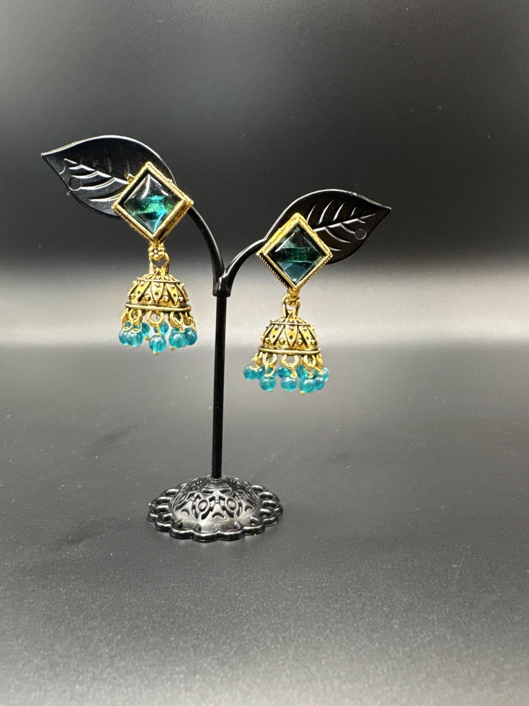 Oxidized Gold-Look Jhumka Earrings with Square Stone & Beads Jewelry JCS Fashions Sea blue 1.50 inch