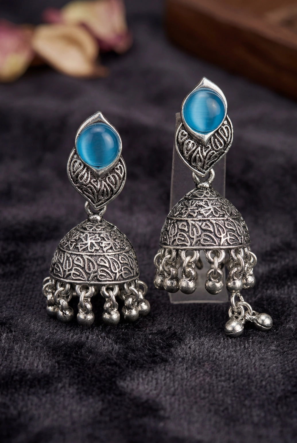 Oxidized Silver-Tone Jhumka Earrings with Round Stone & Leaf Connector, Gungroo Tassels - Blue, Sea blue